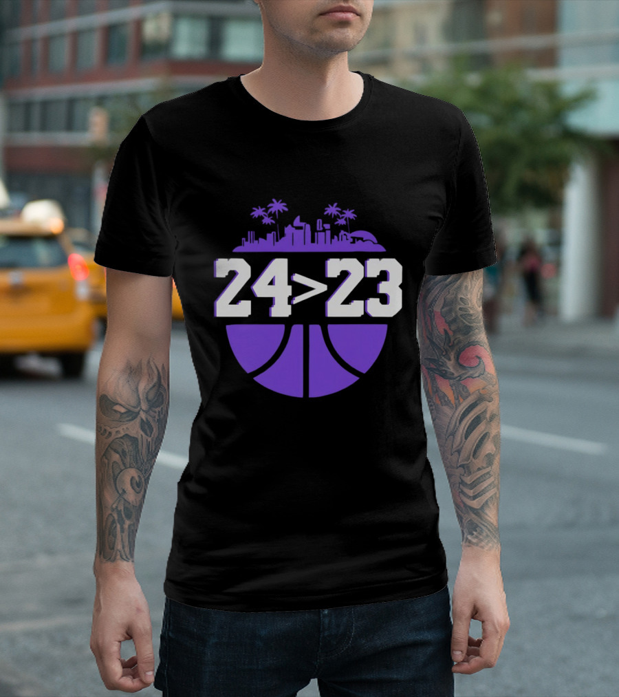 24 Is Greater Than 23 Basketball Los Angeles Skyline T-Shirt