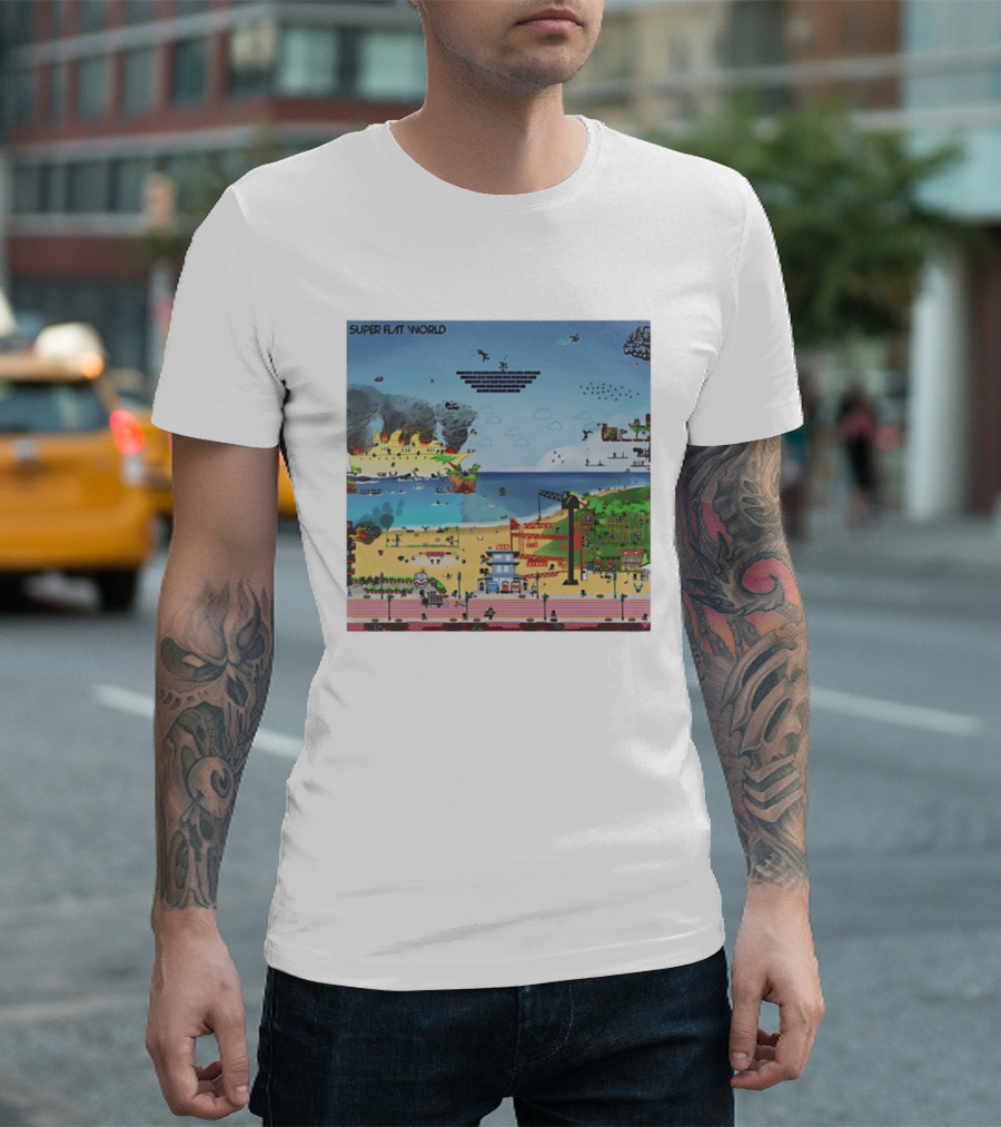 Super Flat World Cartoon Pixel Art Adventure Beach Cityscape Fantasy T-Shirt