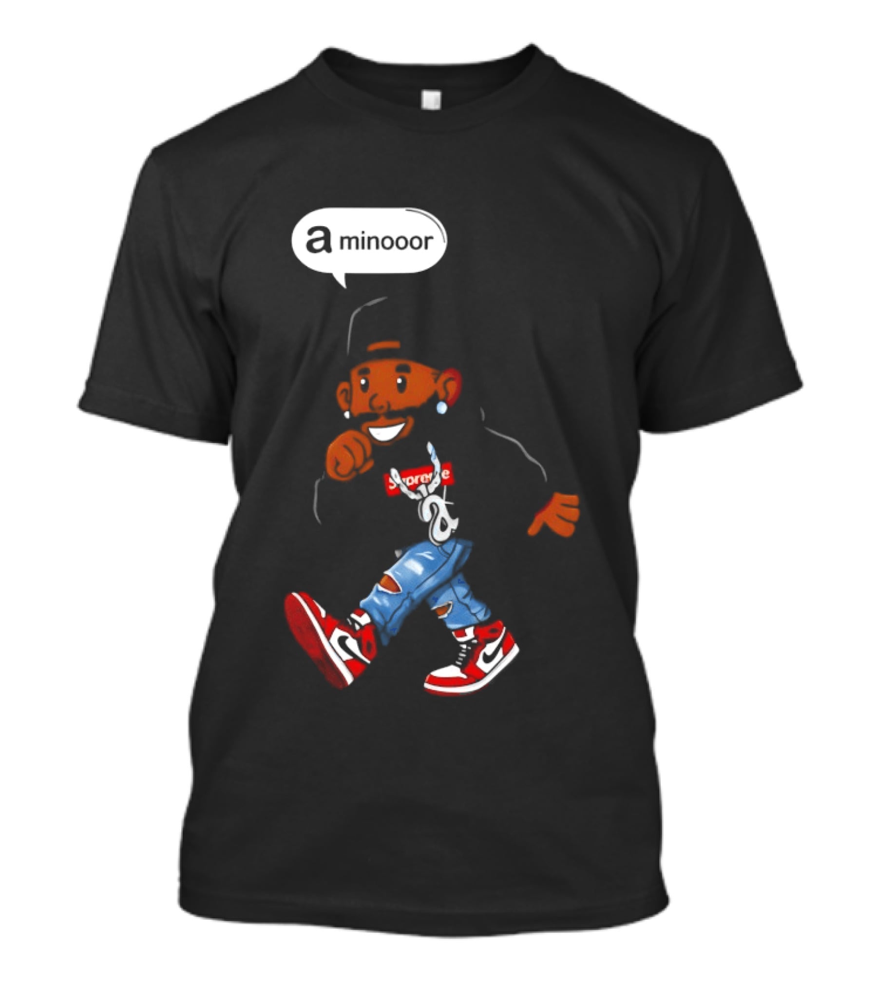 Kendrick Lamar Streetwear Cartoon Miniooor Red Sneakers Blue Jeans T-Shirt
