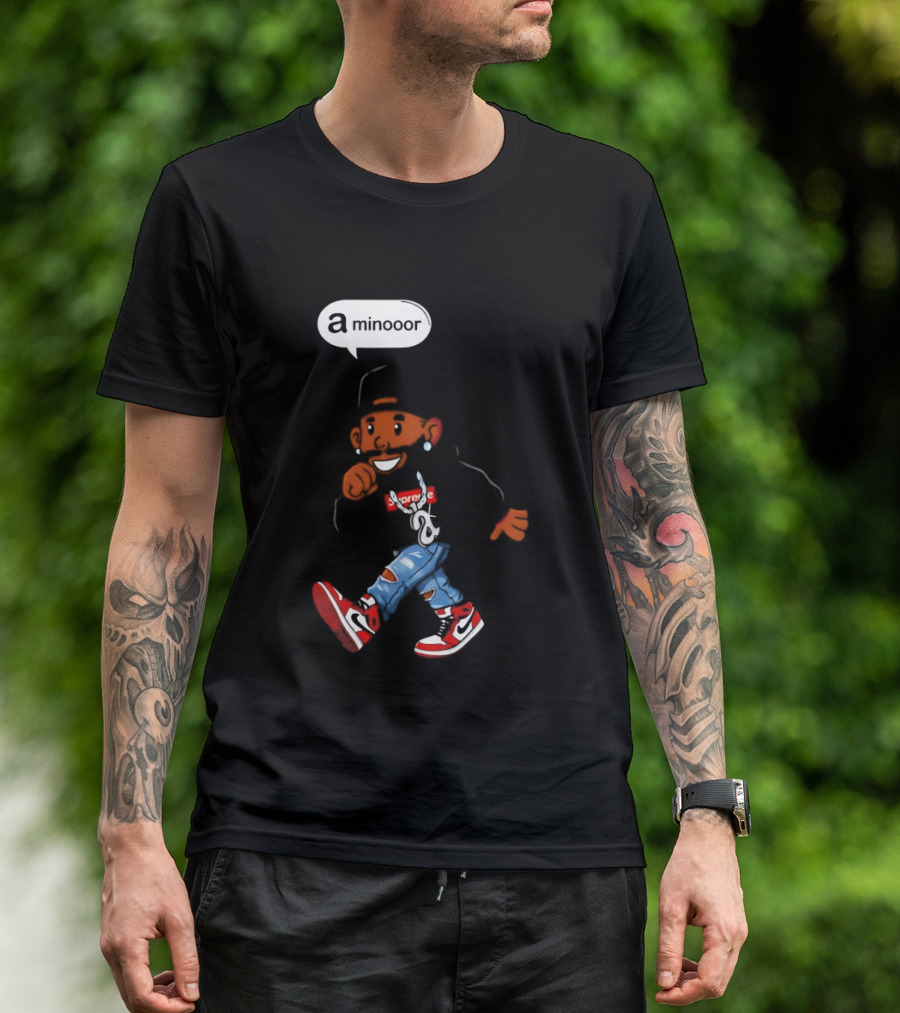 Kendrick Lamar Streetwear Cartoon Miniooor Red Sneakers Blue Jeans T-Shirt