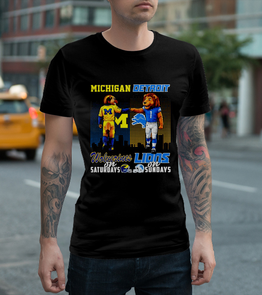 Michigan Wolverines Saturdays Detroit Lions Sundays Skyline T-Shirt