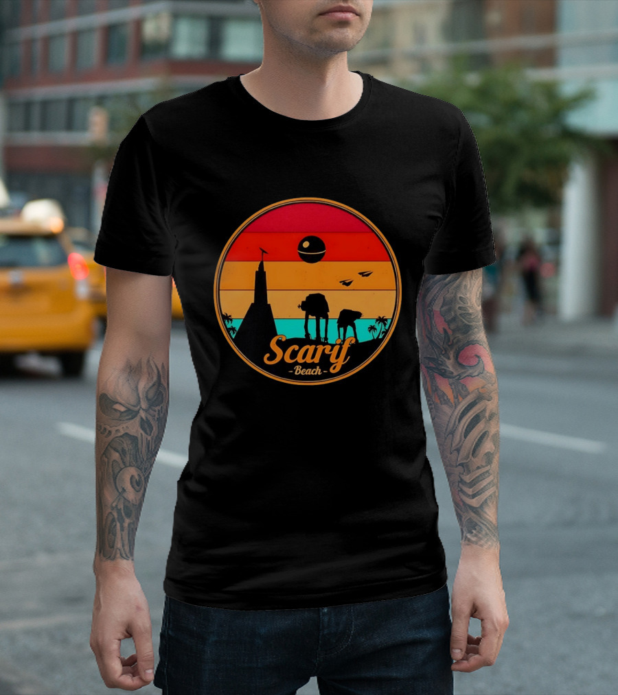 Scarif Beach Sunset With AT ACT Walkers And Death Star T-Shirt