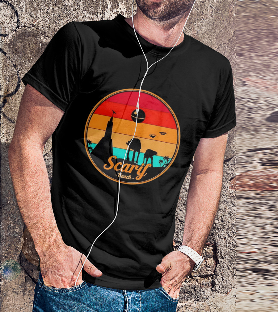 Scarif Beach Sunset With AT ACT Walkers And Death Star T-Shirt