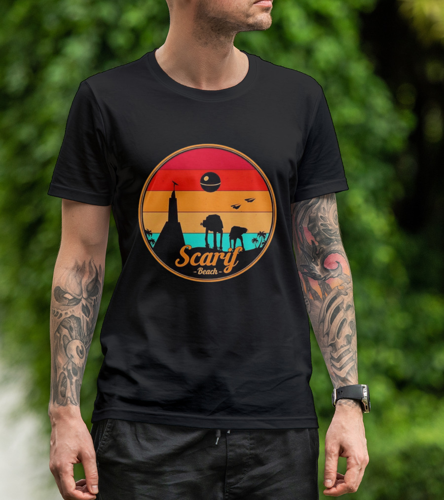 Scarif Beach Sunset With AT ACT Walkers And Death Star T-Shirt