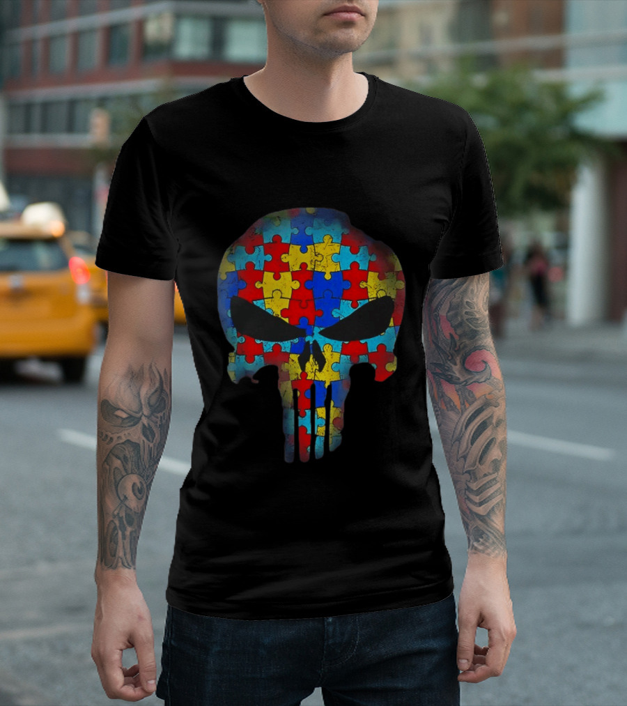 Skull Autism Awareness Puzzle Piece Professional T-Shirt