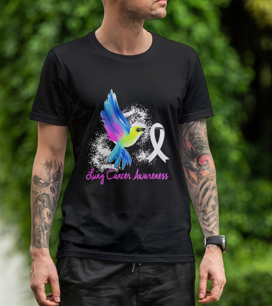 Lung Cancer Awareness Hummingbird With White Ribbon T-Shirt
