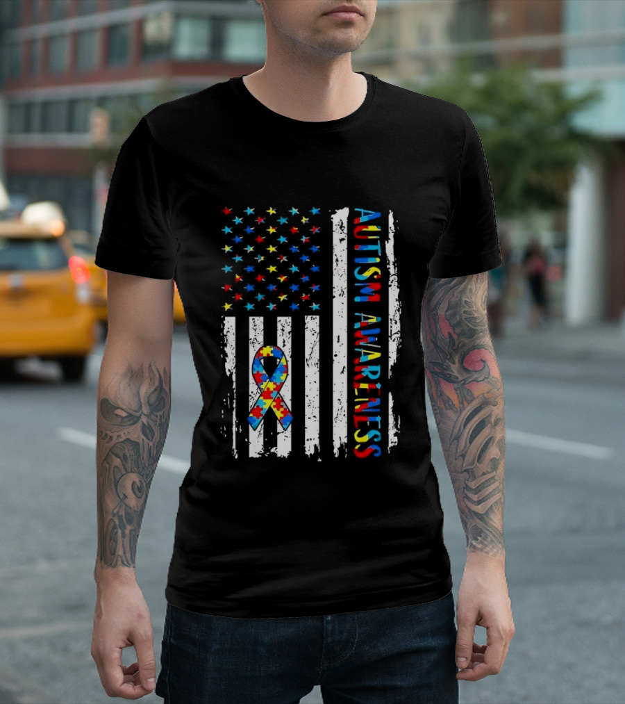 USA Flag Autism Awareness Ribbon Puzzle Pieces T-Shirt