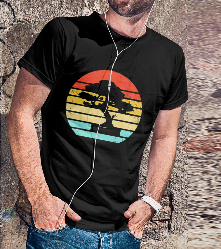 Bonsai Tree Silhouette Japan Retro Sunset T-Shirt