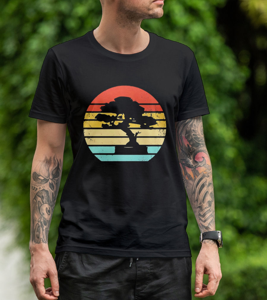 Bonsai Tree Silhouette Japan Retro Sunset T-Shirt