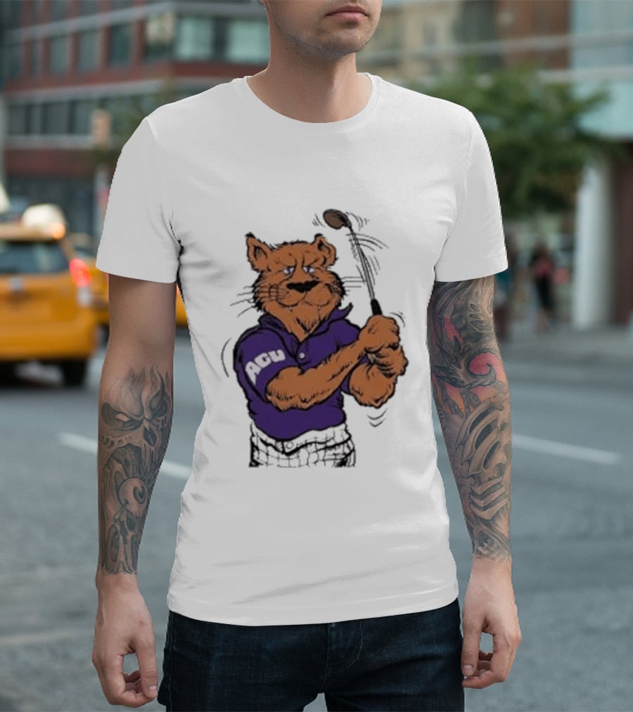 ACU Golf Puma In Purple Polo Swinging A Club T-Shirt