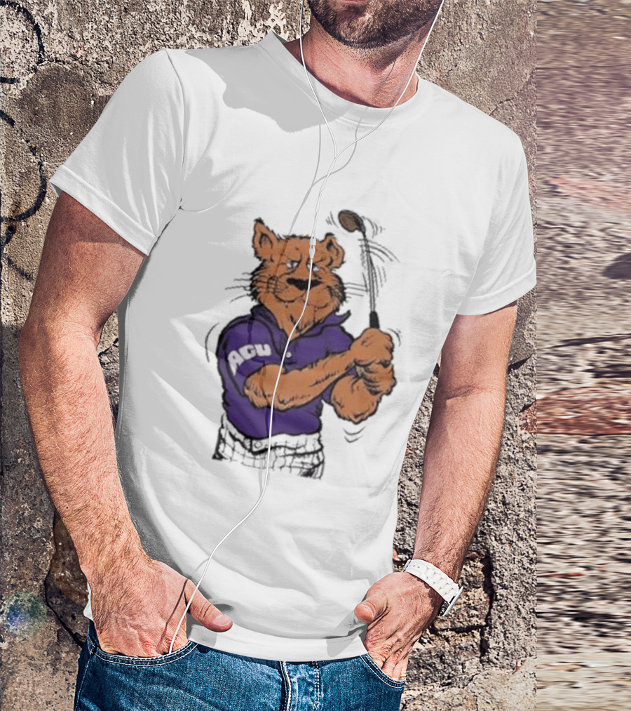 ACU Golf Puma In Purple Polo Swinging A Club T-Shirt
