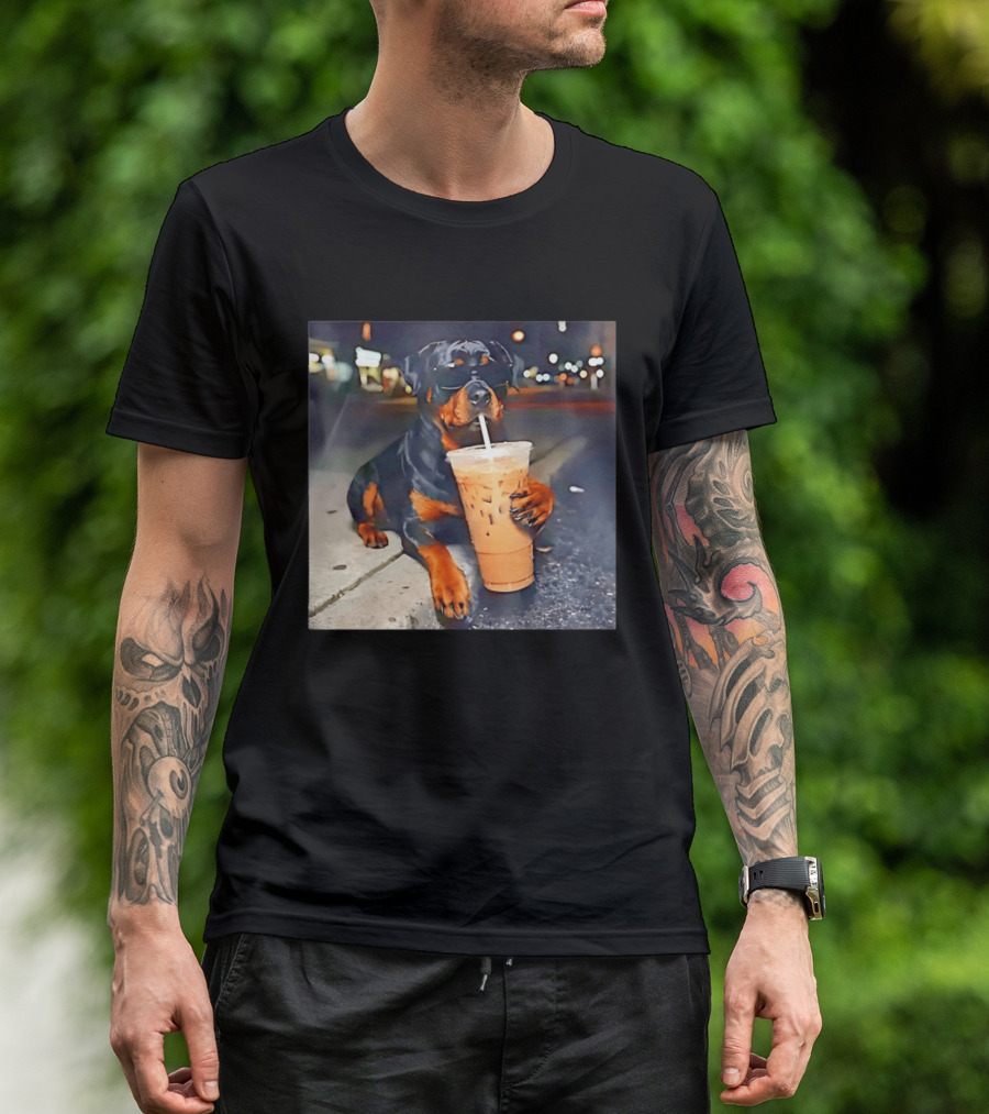 Rottweiler Drinking Iced Coffee Wearing Sunglasses Funny Dog T-Shirt