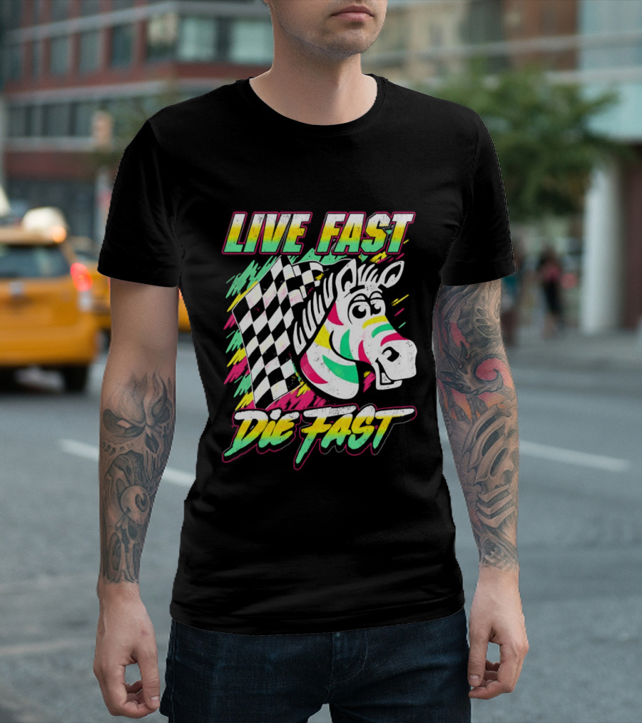 Zebra Checkered Flag Live Fast Die Fast Retro Neon T-Shirt