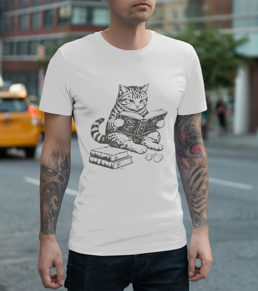 Tabby Cat Sitting And Reading Book With Stacked Books Beneath T-Shirt