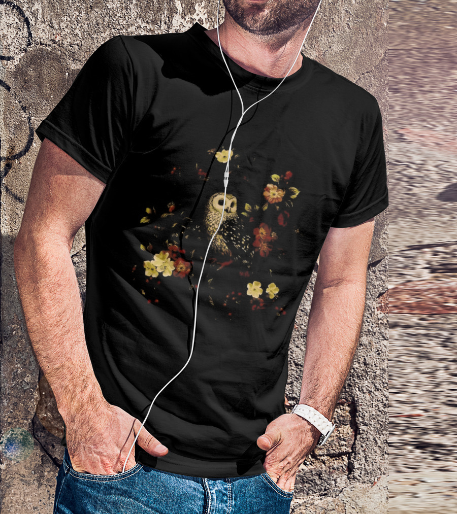 Owl Dark Cottagecore Watercolor Floral Motif T-Shirt