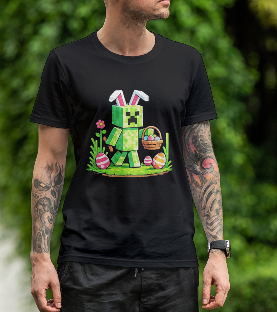 Creeper Rabbit Ears Easter Egg Hunt Gamer Pixel T-Shirt