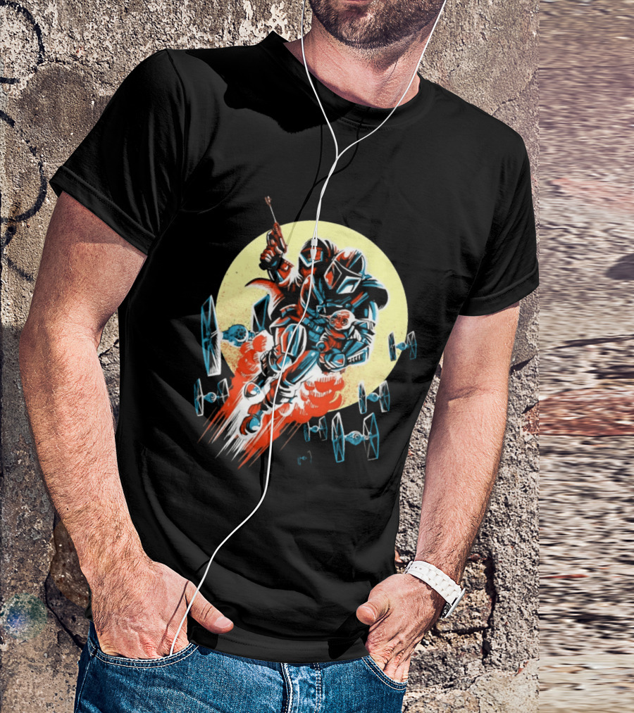 Din Djarin Grogu TIE Fighters Mandalorian Jetpack Adventure T-Shirt