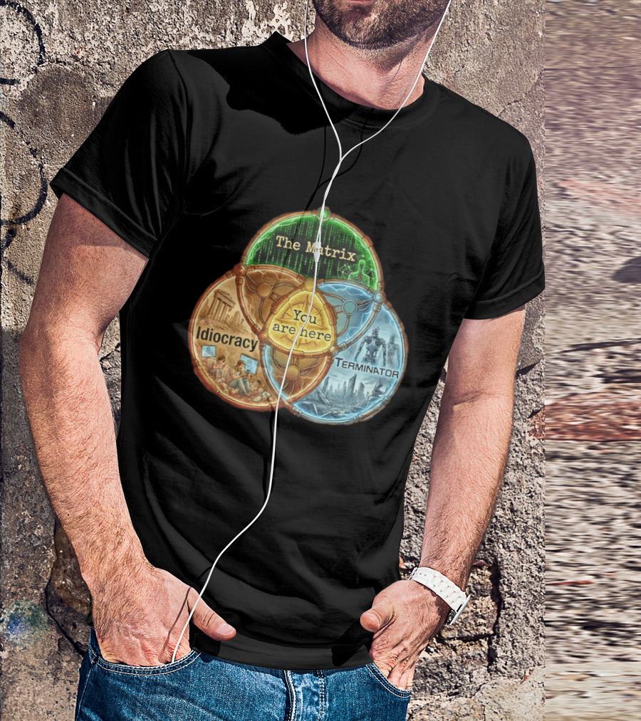 The Matrix Idiocracy Terminator You Are Here Fusion Of Iconic Sci Fi Dystopias T-Shirt