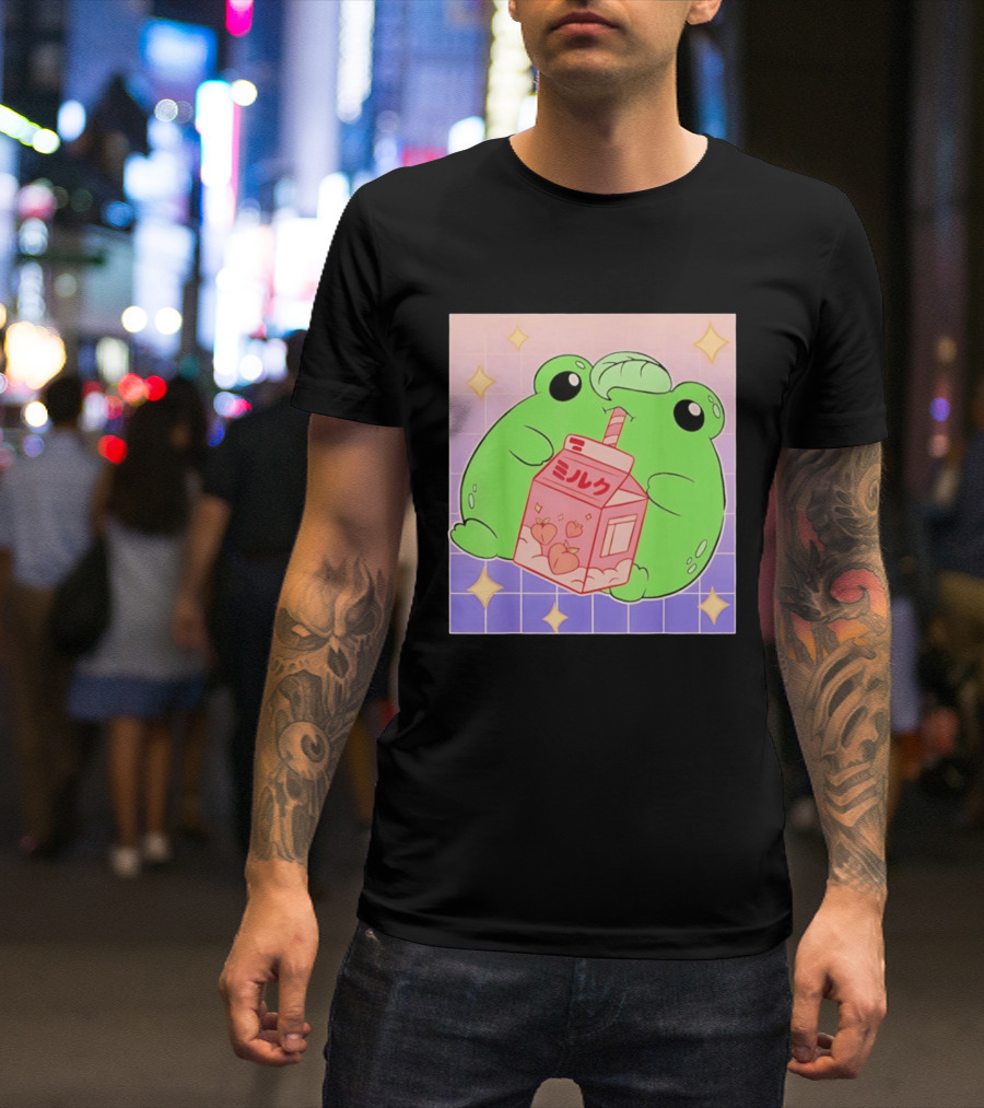 Frog With Peach Milk Box Kawaii Cartoon T-Shirt