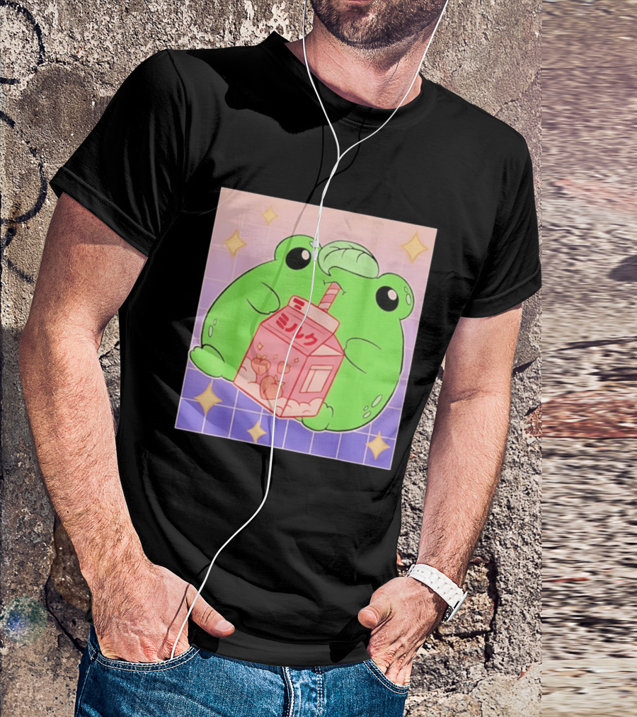Frog With Peach Milk Box Kawaii Cartoon T-Shirt