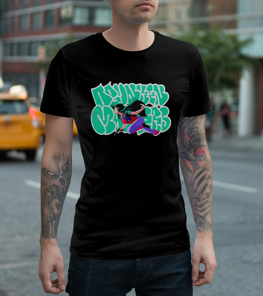 Drunken Masters Anime Girl Green Graffiti Gun Action T-Shirt