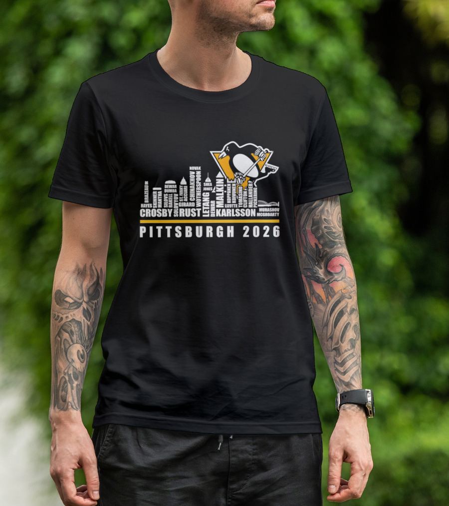 Pittsburgh Penguins Crosby Malkin Letang Karlsson Skyline 2026 T-Shirt