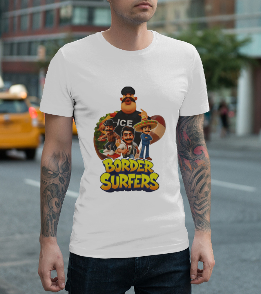 Border Surfers ICE Cartoon Characters Mexican Hat T-Shirt