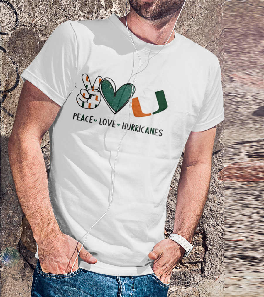 Peace Love Hurricanes Miami Hurricanes Football Hand Sign Heart Shape T-Shirt