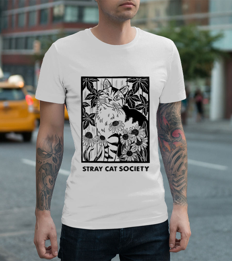 Stray Cat Society Floral And Feline Illustration With Botanical T-Shirt