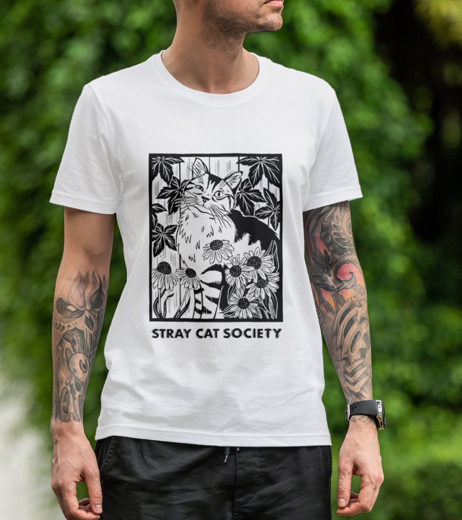 Stray Cat Society Floral And Feline Illustration With Botanical T-Shirt