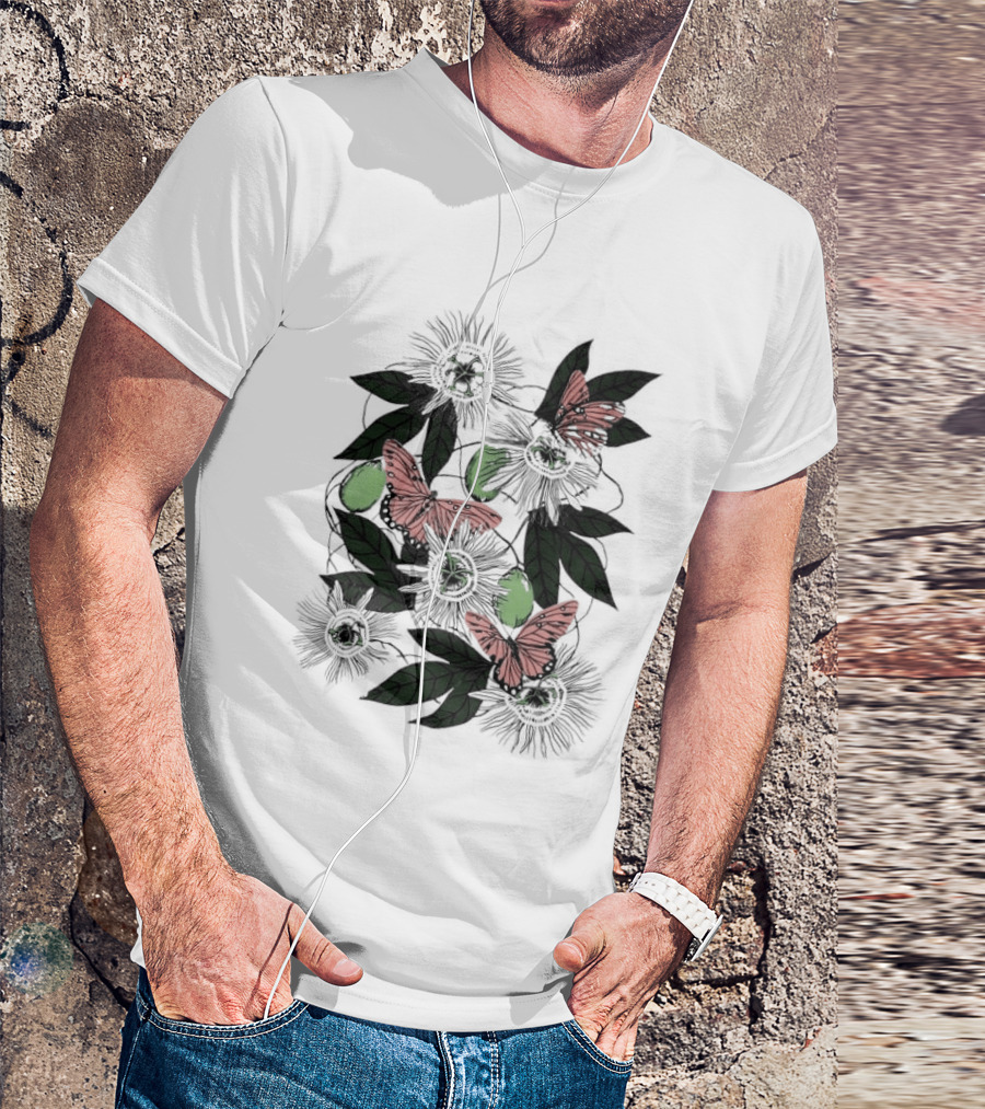 Passion Flower Pistachio Incarnata Red Butterflies Adult T-Shirt