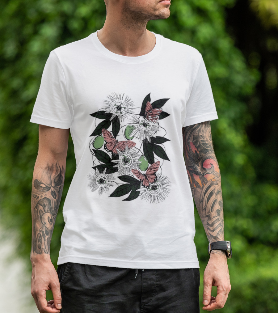 Passion Flower Pistachio Incarnata Red Butterflies Adult T-Shirt
