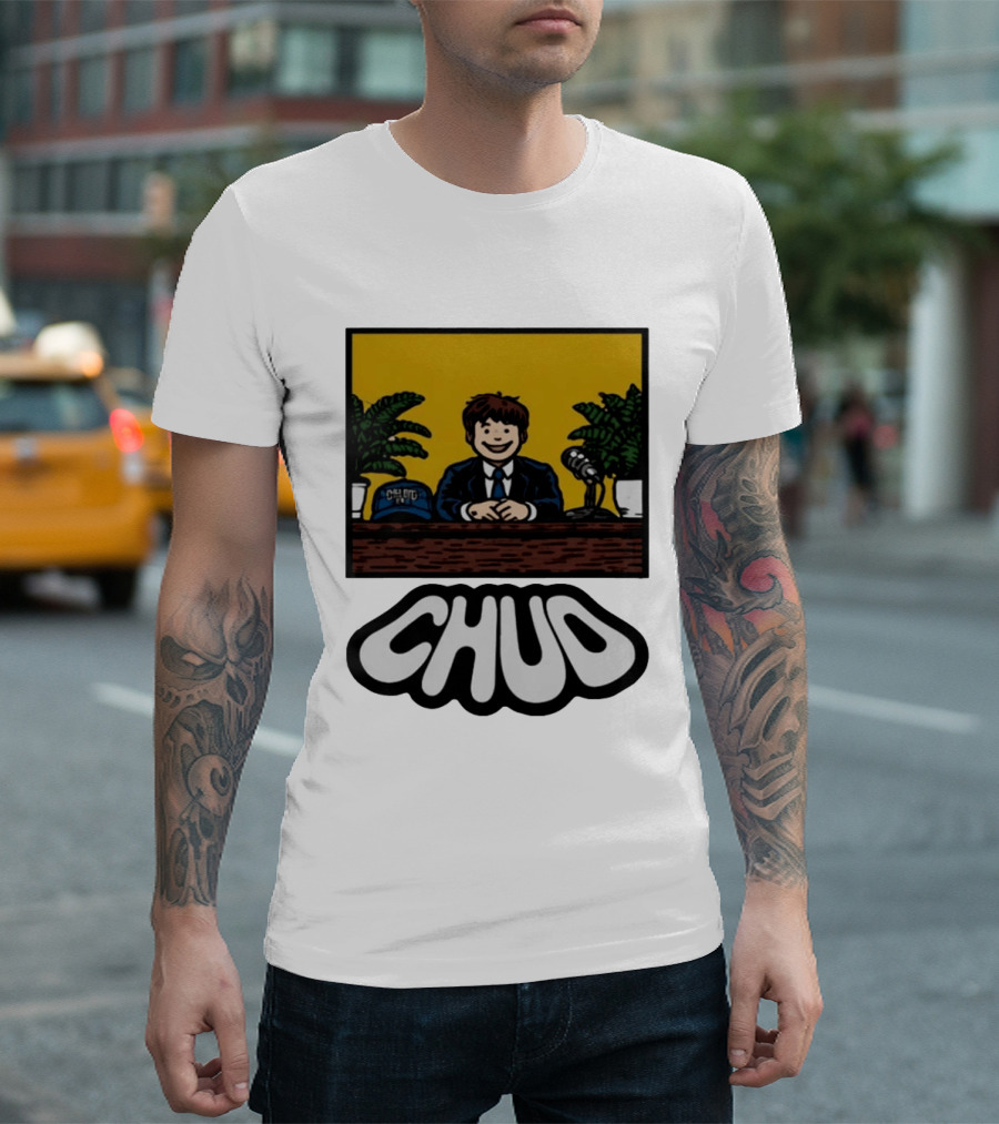 Fuentes Store Chud Comic Style Desk Scene With Microphone And Cap T-Shirt