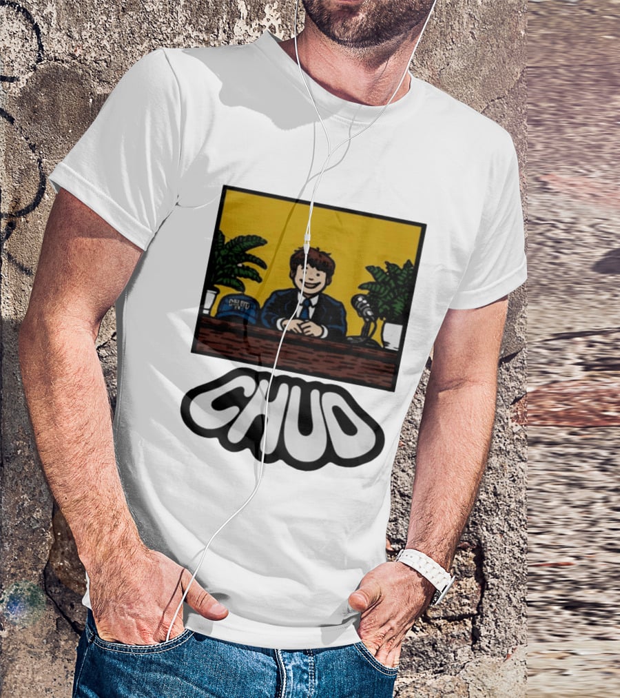 Fuentes Store Chud Comic Style Desk Scene With Microphone And Cap T-Shirt