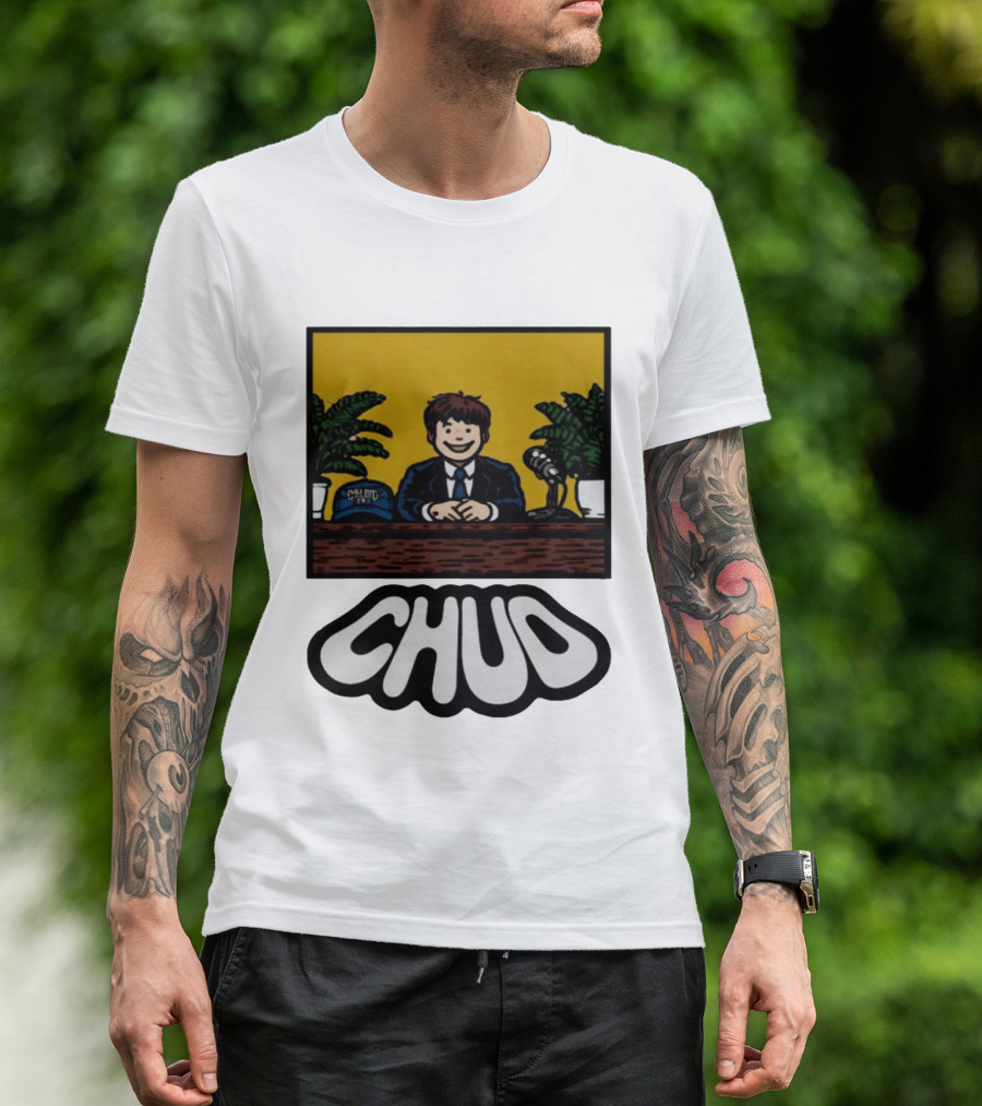 Fuentes Store Chud Comic Style Desk Scene With Microphone And Cap T-Shirt