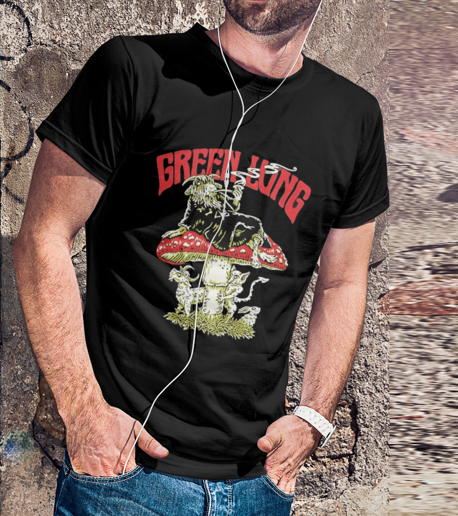 Green Lung Band Goat Smoking On Mushroom Old English Black Magic T-Shirt
