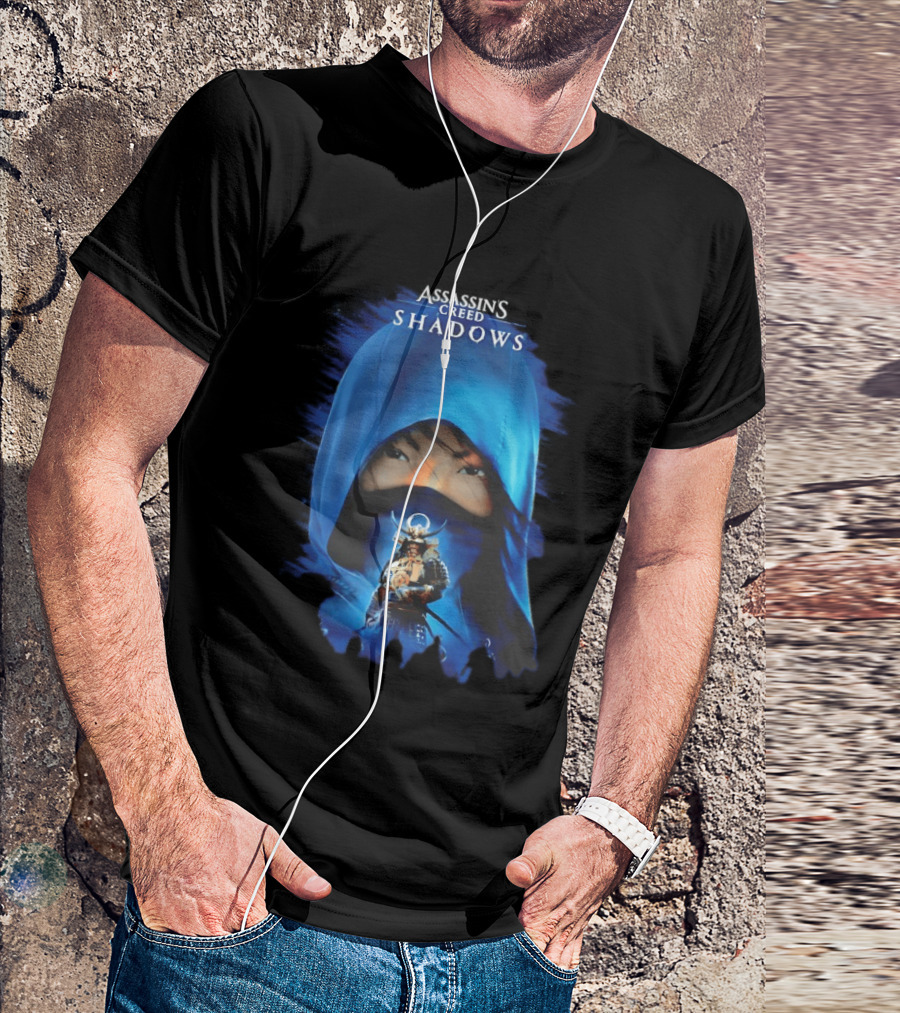 Assassin's Creed Shadows Blue Cloaked Figure With Samurai Warrior T-Shirt