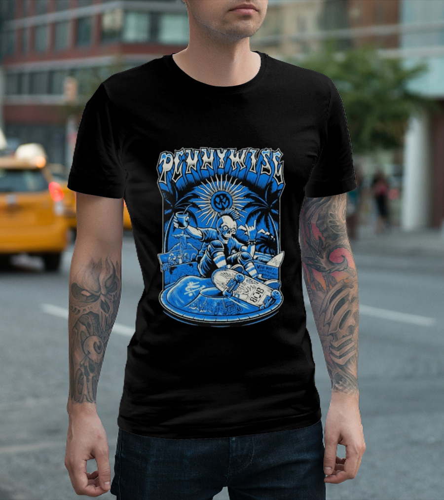 Pennywise South America Tour 2026 Skater Beach Scene With Skeleton And Skateboard Palms Waves Cup Blue Sunburst T-Shirt