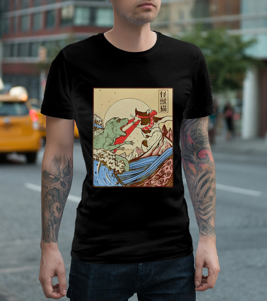Japanese Great Wave Cat Vs Monster Classic Kaiju T-Shirt