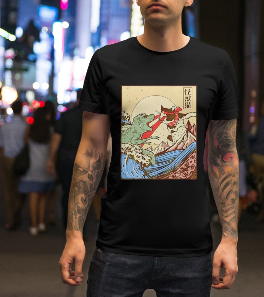 Japanese Great Wave Cat Vs Monster Classic Kaiju T-Shirt