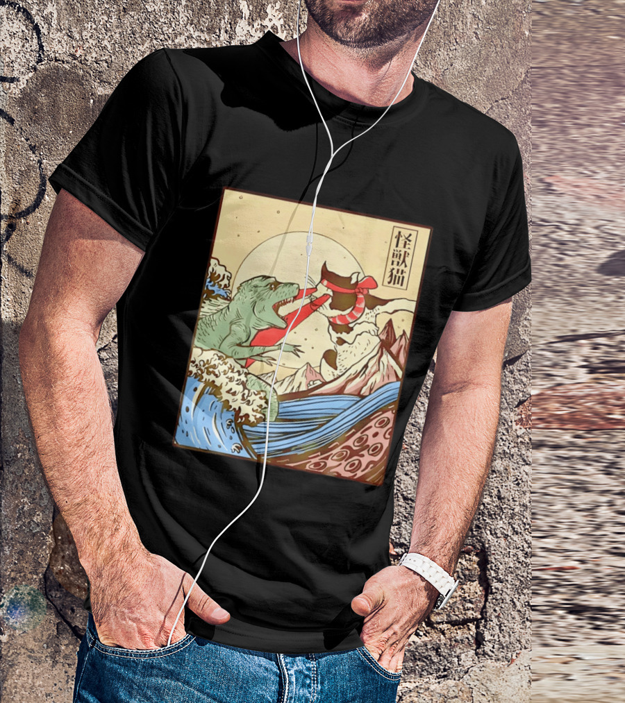 Japanese Great Wave Cat Vs Monster Classic Kaiju T-Shirt