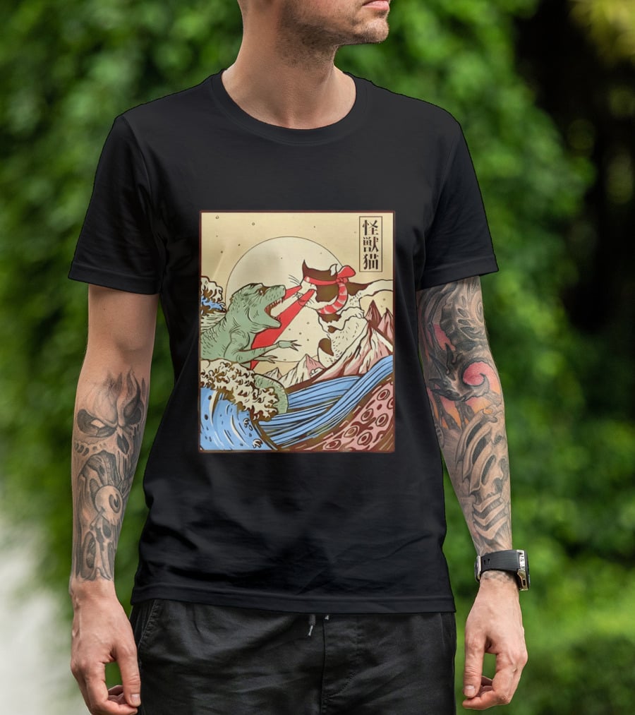 Japanese Great Wave Cat Vs Monster Classic Kaiju T-Shirt