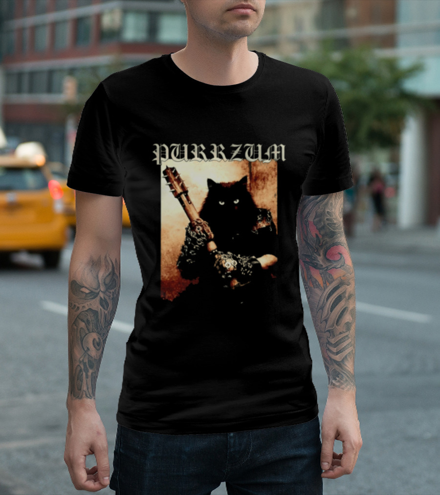 Purrzum Cat Black Metal Aesthetic Feline Holding Guitar T-Shirt