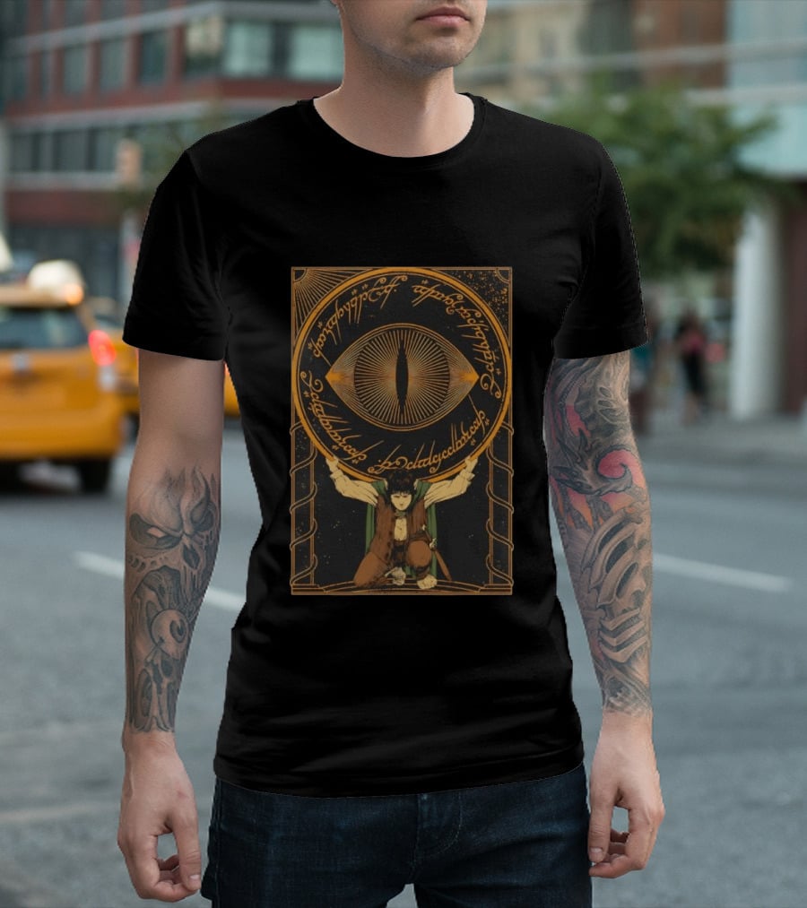Frodo Baggins Carrying The Eye Of Sauron With Elvish Script Lord Of The Rings T-Shirt