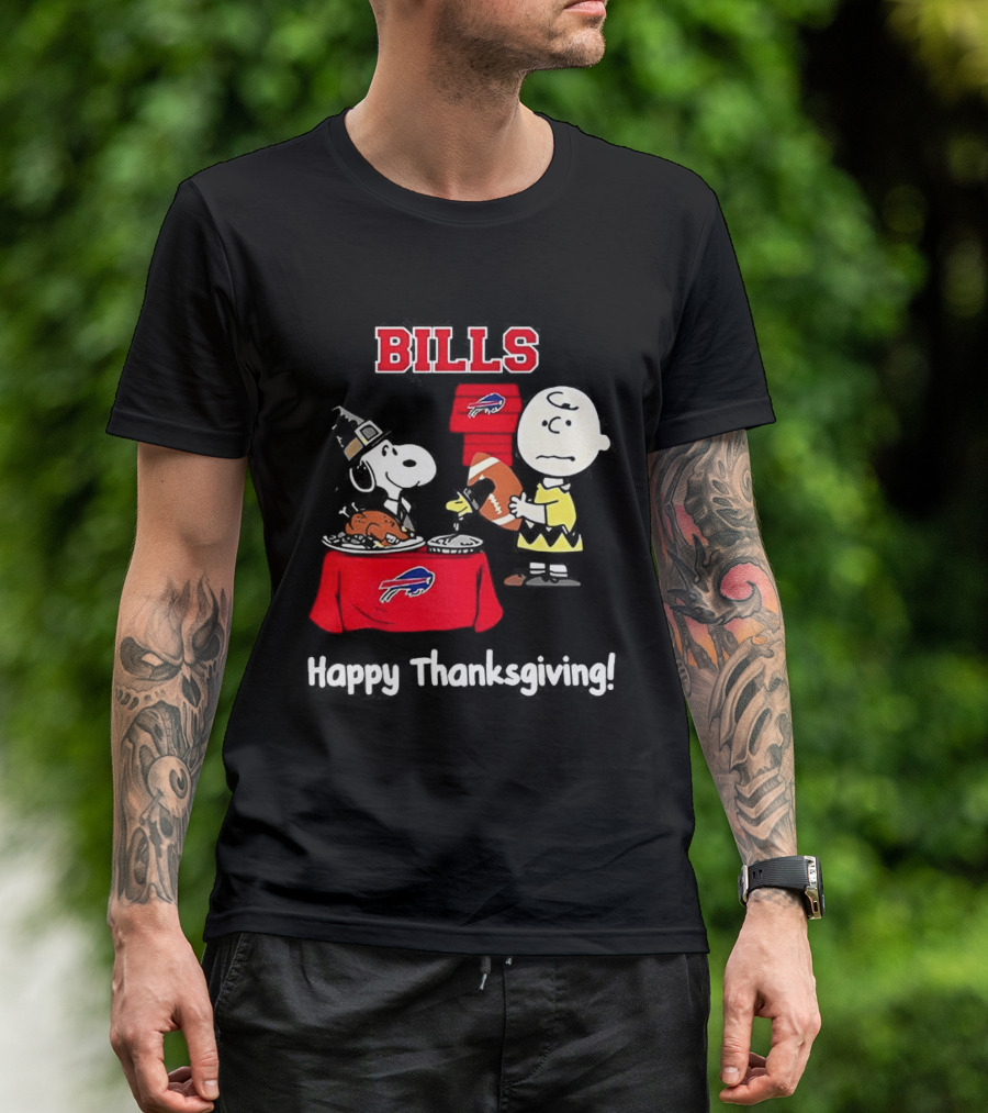 Snoopy And Charlie Brown Celebrate Buffalo Bills Happy Thanksgiving T-Shirt