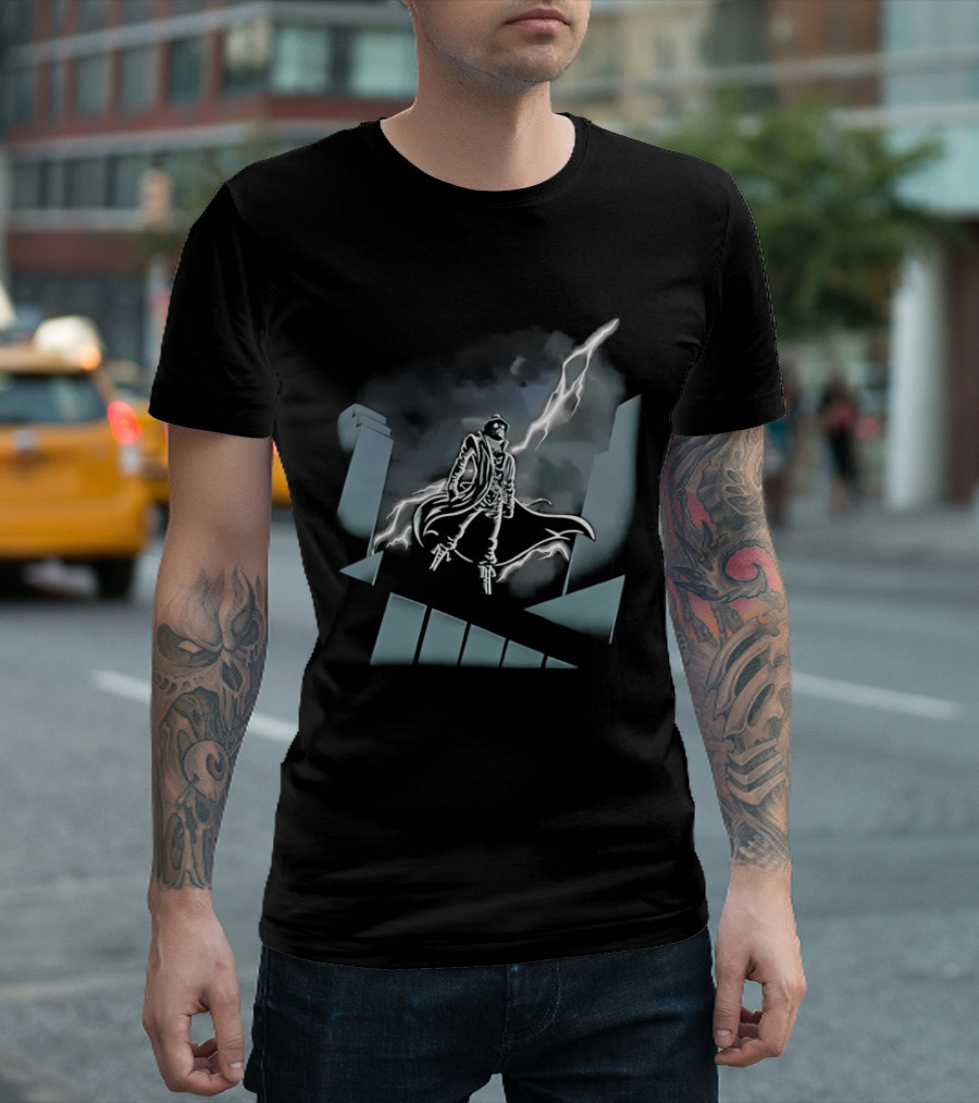 Spider Man Noir X Batman The Animated Series Noir Crossover With Light Burst And Gotham City Skyline T-Shirt