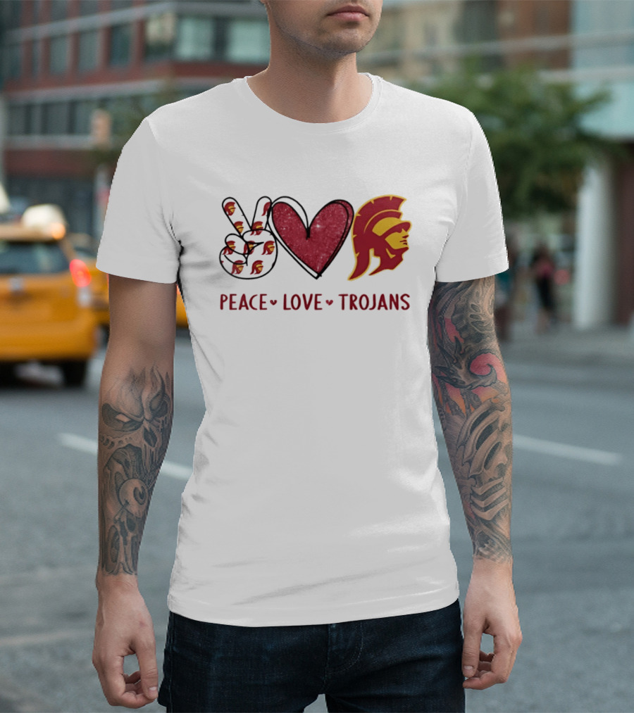 USC Trojans Peace Love Hand Sign Heart Shape T-Shirt