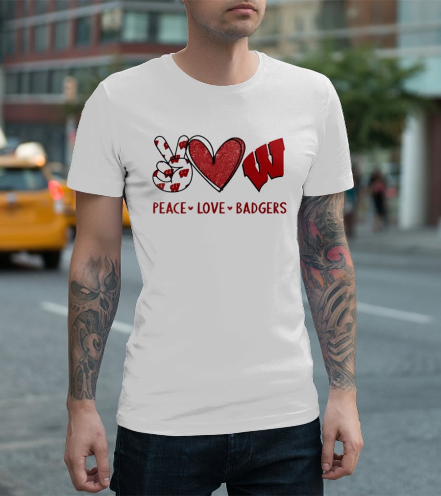 Peace Love Badgers Wisconsin Football Heart Sign T-Shirt