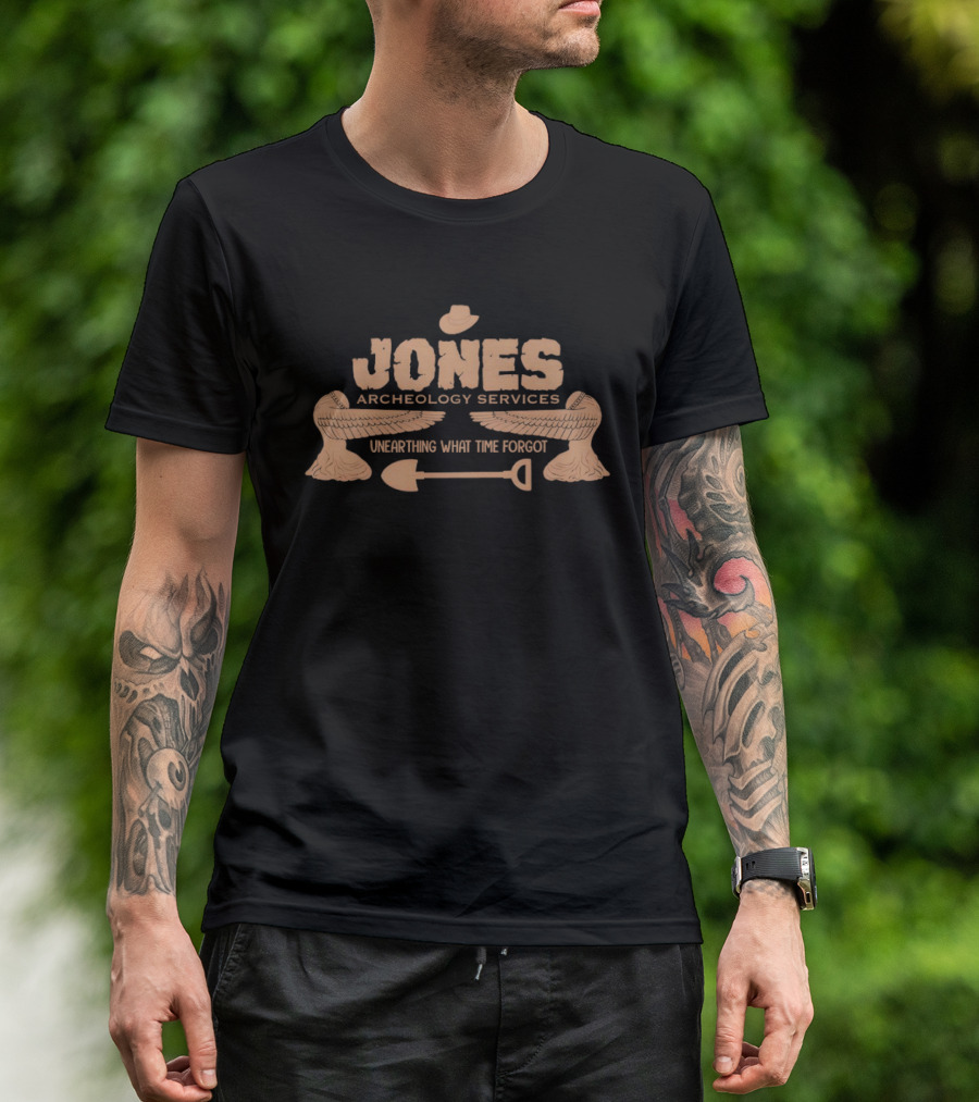 Jones Archaeology Services Unearthing What Time Forgot Adventure Shovel Winged Hat T-Shirt