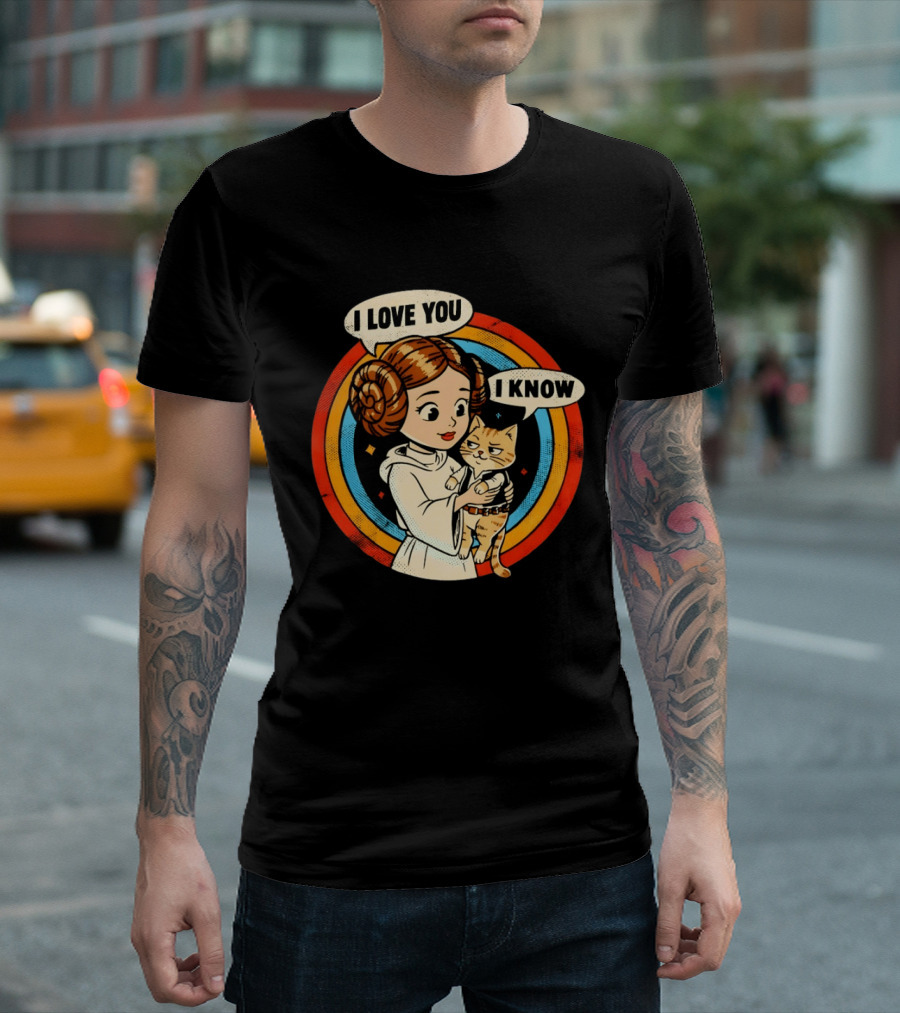 Princess Leia Style Girl Holding Cat I Love You I Know Retro 70s Cartoon T-Shirt